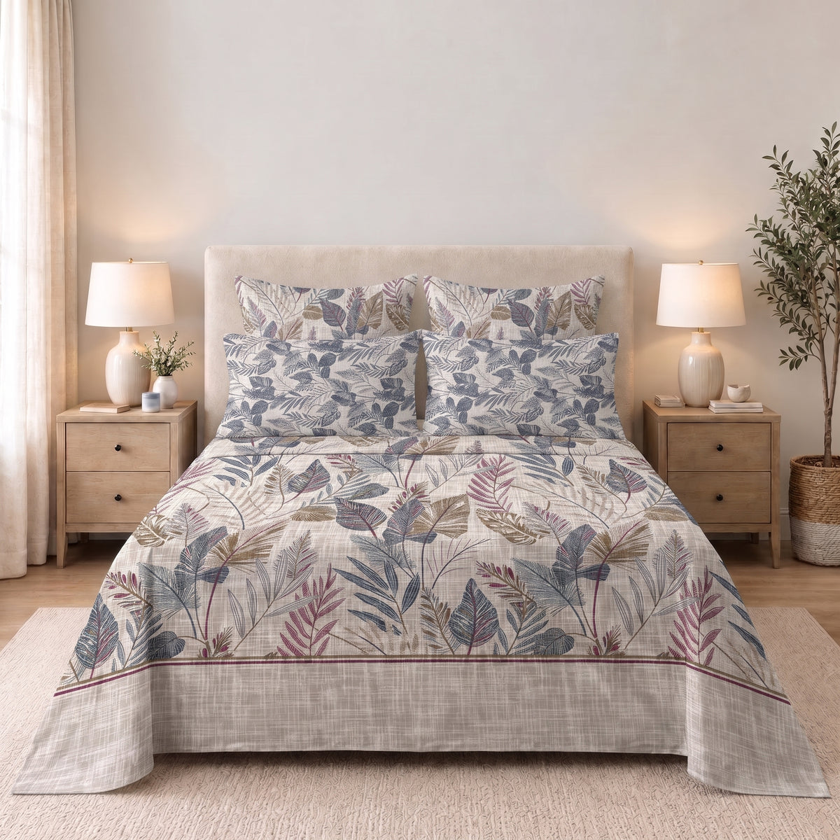 6-Piece Reversible Poly Cotton Comforter Set- Silver Botanica