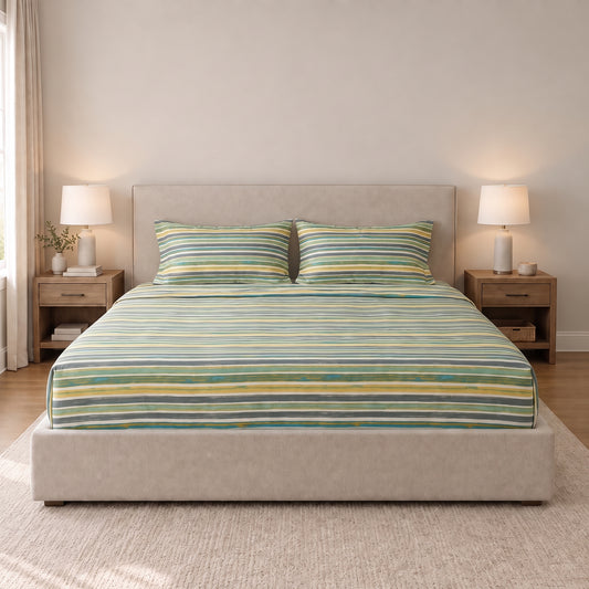 Poly Cotton Bedsheet Set- Meadow Stripe