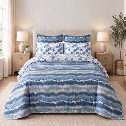 6-Piece Reversible Poly Cotton Comforter Set- Ocean Mist
