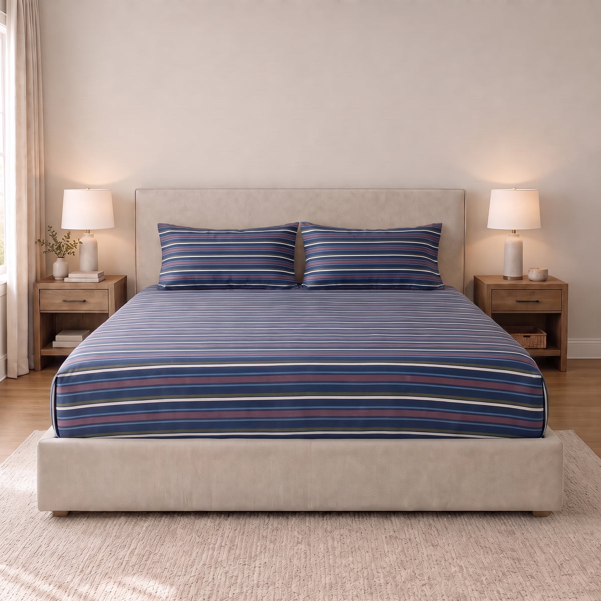 Poly Cotton Bedsheet Set- Navy Coastal Stripe