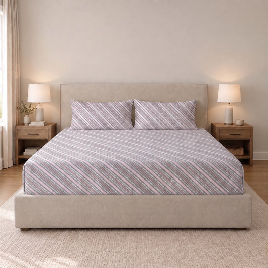 Poly Cotton Bedsheet Set- Dusty Rose Stripe