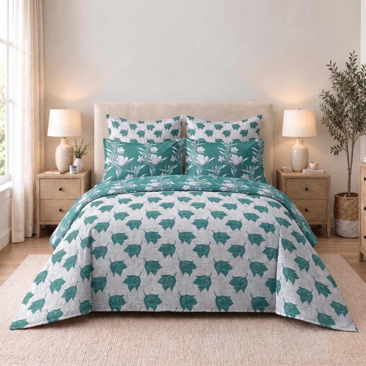 6-Piece Reversible Poly Cotton Comforter Set- Teal Garden