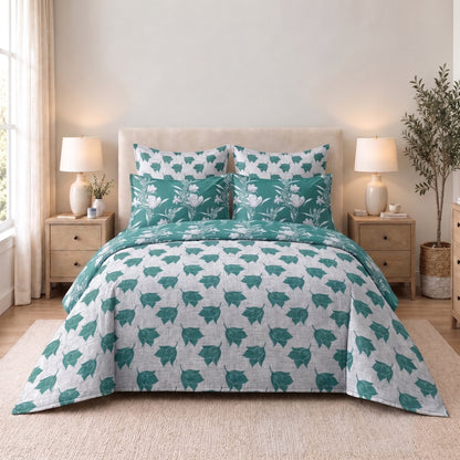 6-Piece Reversible Poly Cotton Comforter Set- Teal Garden