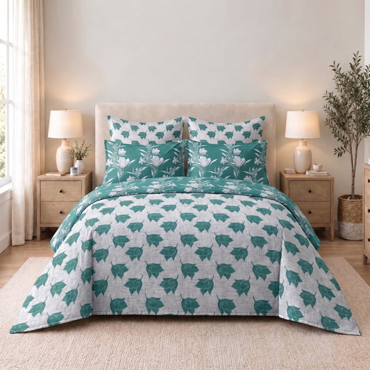 6-Piece Reversible Poly Cotton Comforter Set- Teal Garden