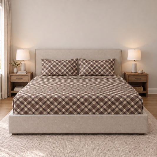 Poly Cotton Bedsheet Set-Mocha Argyle