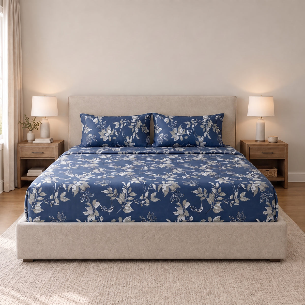 Poly Cotton Bedsheet Set-Indigo Botanical