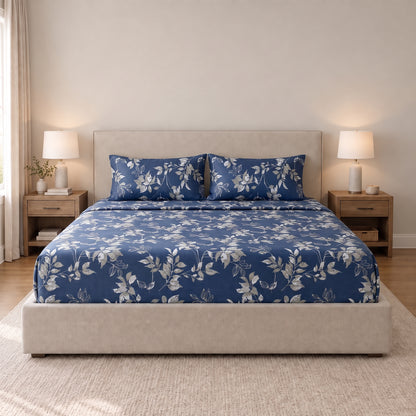 Poly Cotton Bedsheet Set-Indigo Botanical