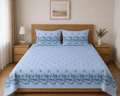 100% Cotton Blue Blossom Garden – Floral Bedsheet Set