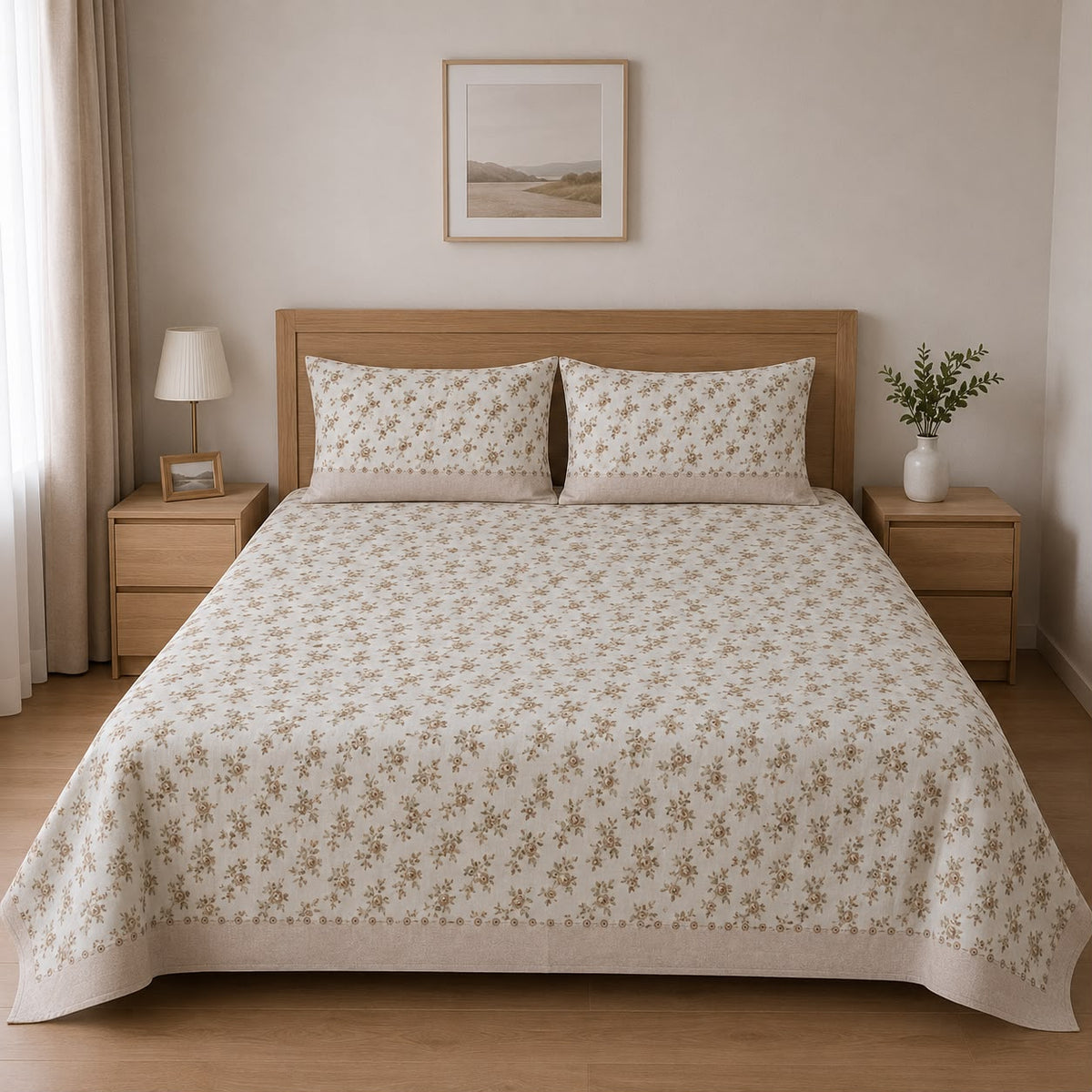 100% Cotton Brown Vintage Bloom– Floral Bedsheet Set