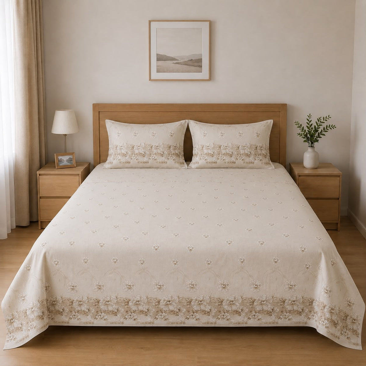 100% Cotton Brown Blossom Garden – Floral Bedsheet Set