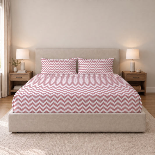 Poly Cotton Bedsheet Set- Blush Chevron