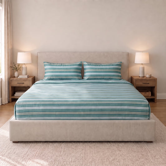 Poly Cotton Bedsheet Set-Aqua Breeze Stripe