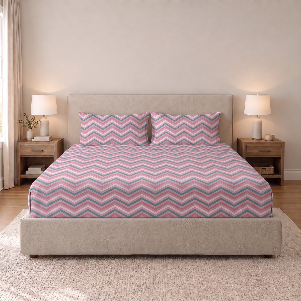 Poly Cotton Bedsheet Set- Blush Aqua Chevron