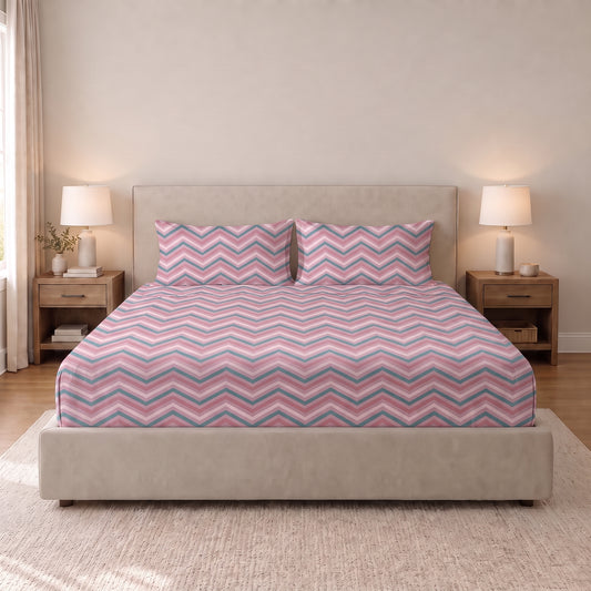 Poly Cotton Bedsheet Set- Blush Aqua Chevron