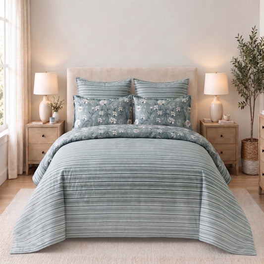 6-Piece Reversible Poly Cotton Comforter Set- Misty Stripes