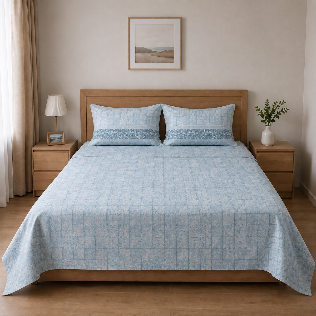100% Cotton Blue Blossom Garden – Floral Bedsheet Set