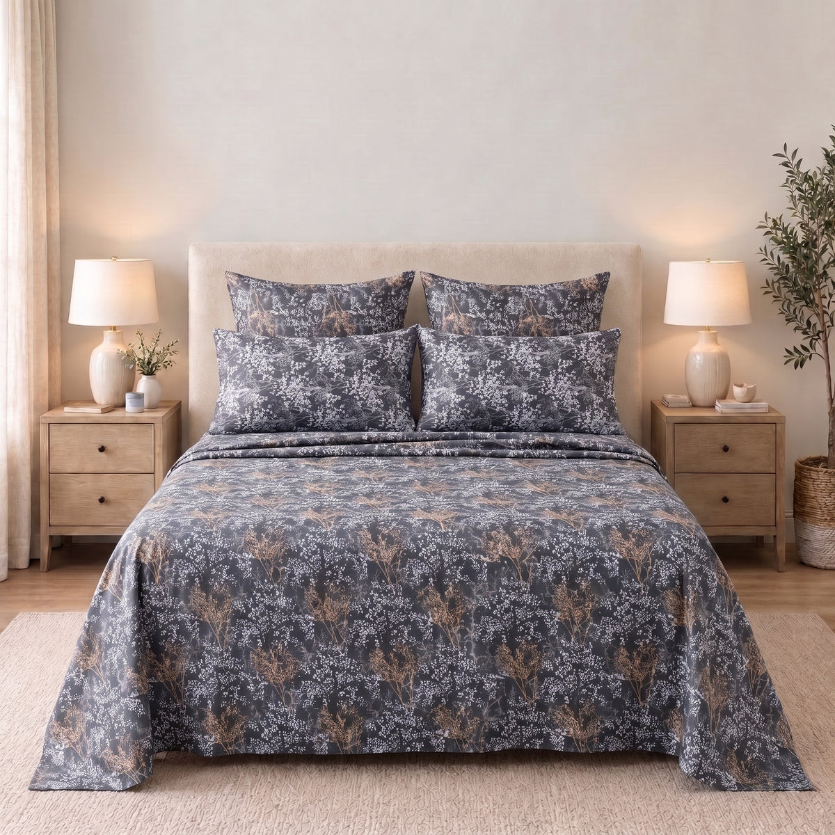 6-Piece Reversible Poly Cotton Comforter Set- Midnight Bloom