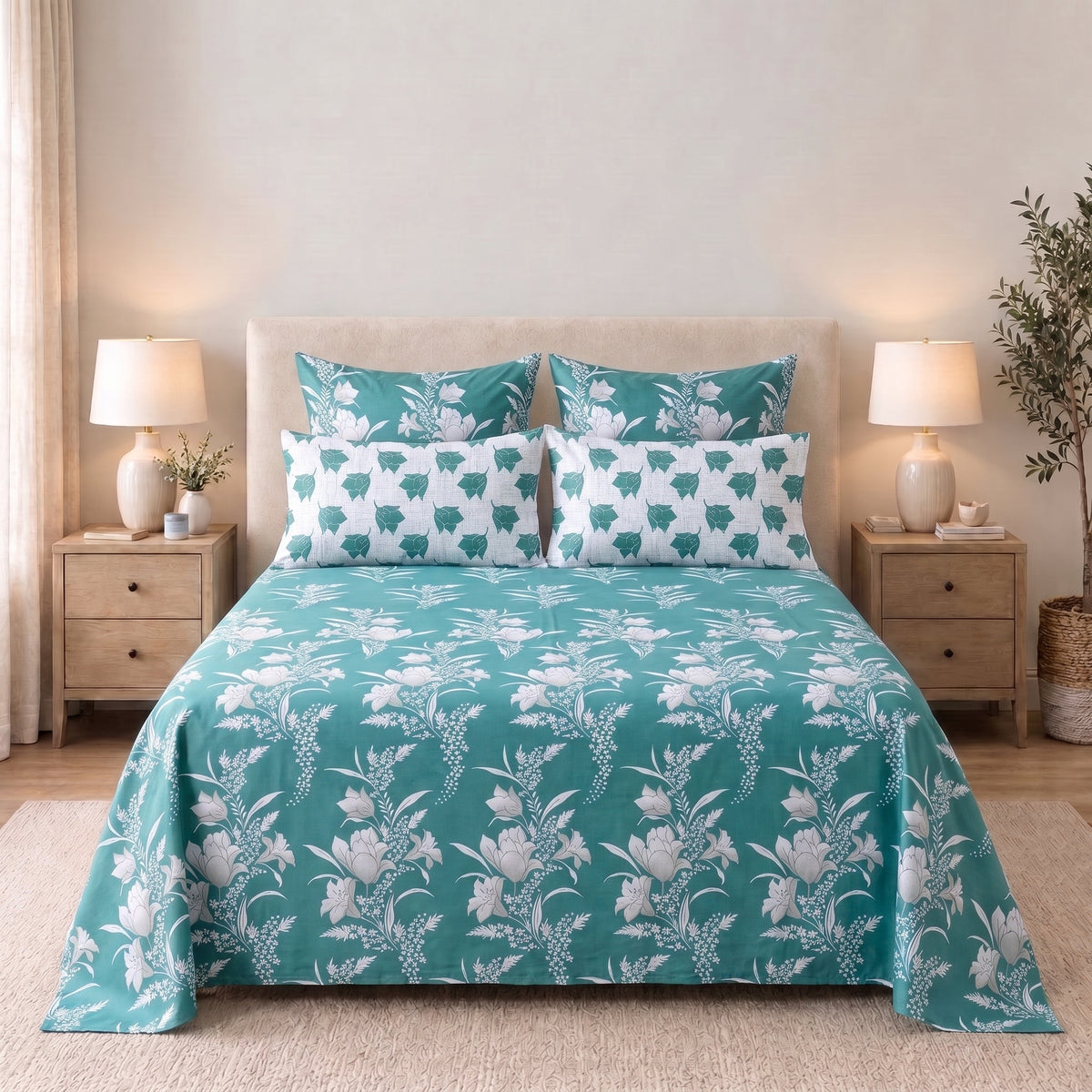 6-Piece Reversible Poly Cotton Comforter Set- Teal Garden