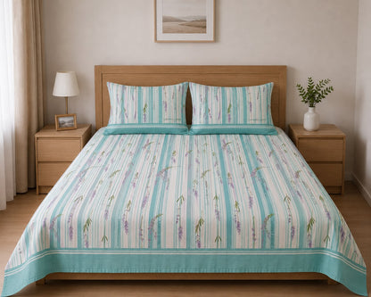 100% Cotton Blue Lavender Stripe – Floral Bedsheet Set
