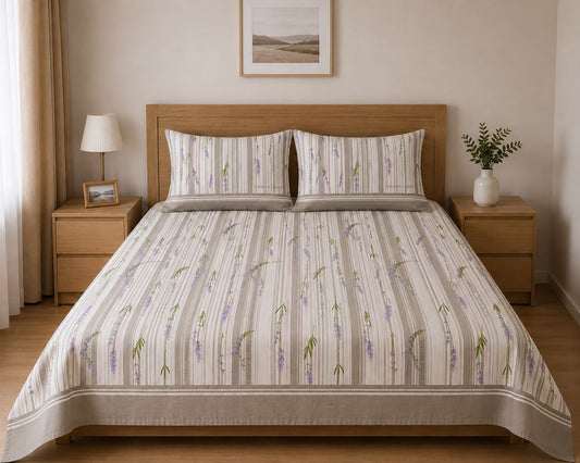 100% Cotton Grey Lavender Stripe – Floral Bedsheet Set