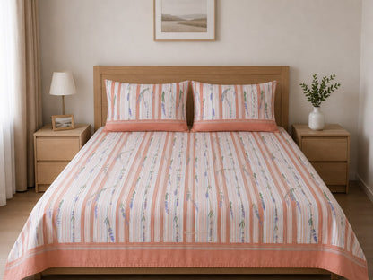 100% Cotton Salmon Lavender Stripe – Floral Bedsheet Set