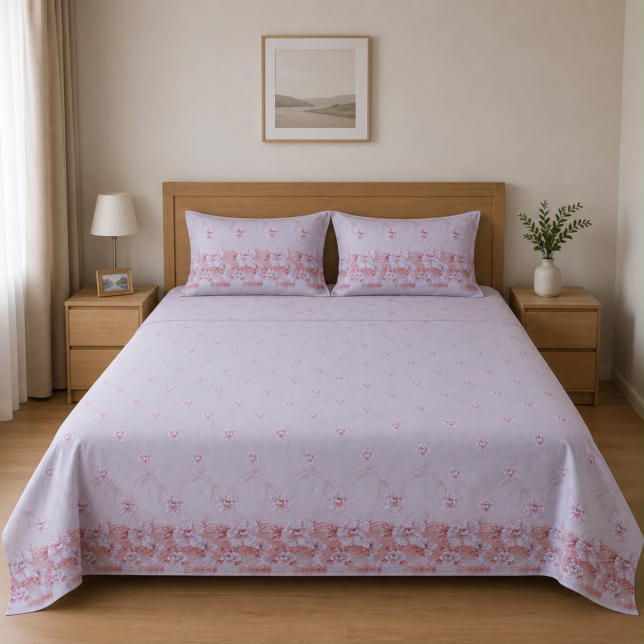 100% Cotton Pink Blossom Garden – Floral Bedsheet Set