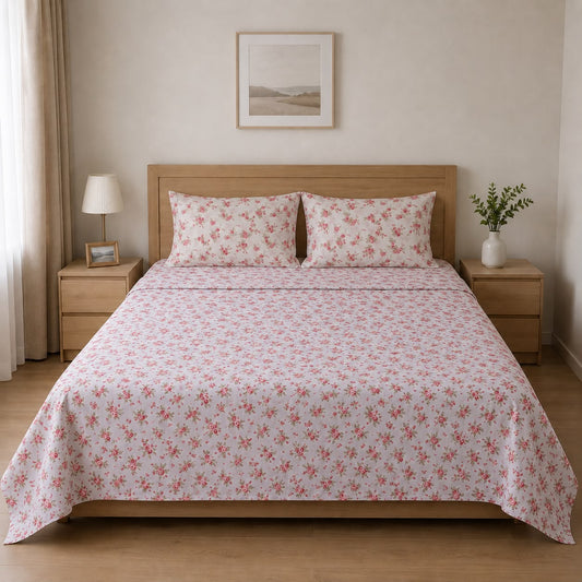 100% Cotton Pink Vintage Bloom– Floral Bedsheet Set