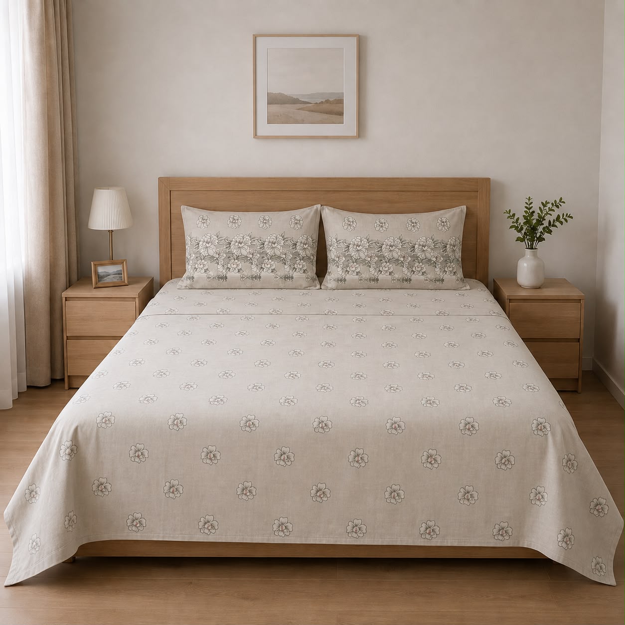 100% Cotton Grey Blossom Garden – Floral Bedsheet Set