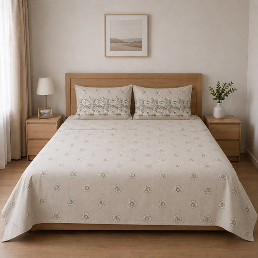 100% Cotton Grey Blossom Garden – Floral Bedsheet Set